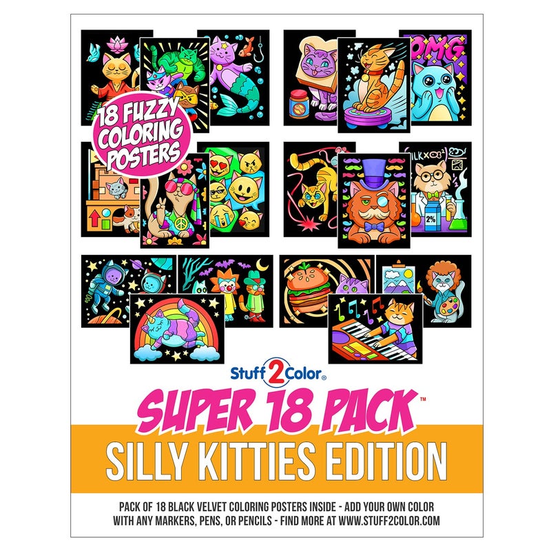 Stuff2Color Super Pack of 18 Fuzzy Coloring Posters (Silly Kitties Edition) - Arts & Crafts for Kids, Toddlers, Girls, Boys & Adults - Great for Family Fun Activities or Coloring with Friends (1 Pack) - Image 5